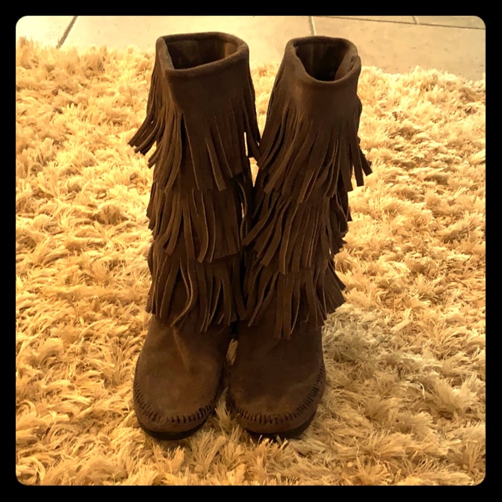 Grey Minnetonka Fringe Boots